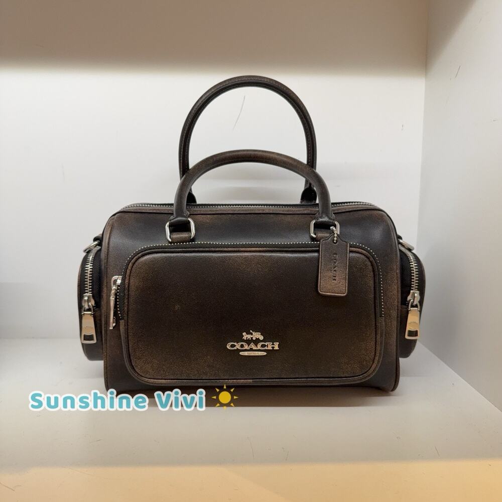 NWT COACH CES83 Rowan Satchel Bag With Pockets Loved Leather Silver Black Brown